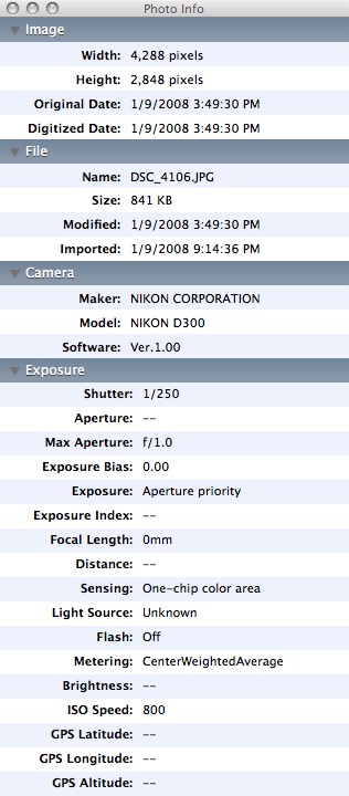 D300 EXIF Battery, 0 F Stop